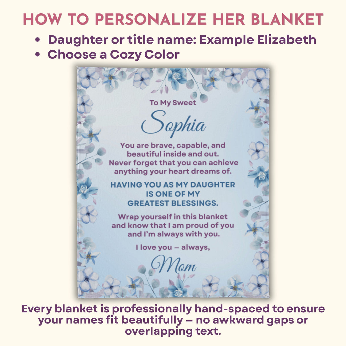 How to personalize a custom daughter blanket from Mom with a name, title, and cozy color choice.