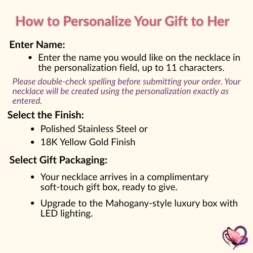  Instructions for personalizing a daughter name necklace by entering a name, choosing silver or gold finish, and selecting gift packaging.  