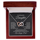 Interlocking Hearts Necklace shown with daughter message card from Dad. In a Mahogany style luxury box.
