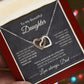 Interlocking Hearts Necklace for Daughter from Dad displayed inside a mahogany-style luxury gift box illuminated by an LED spotlight, highlighting the heartfelt message card.