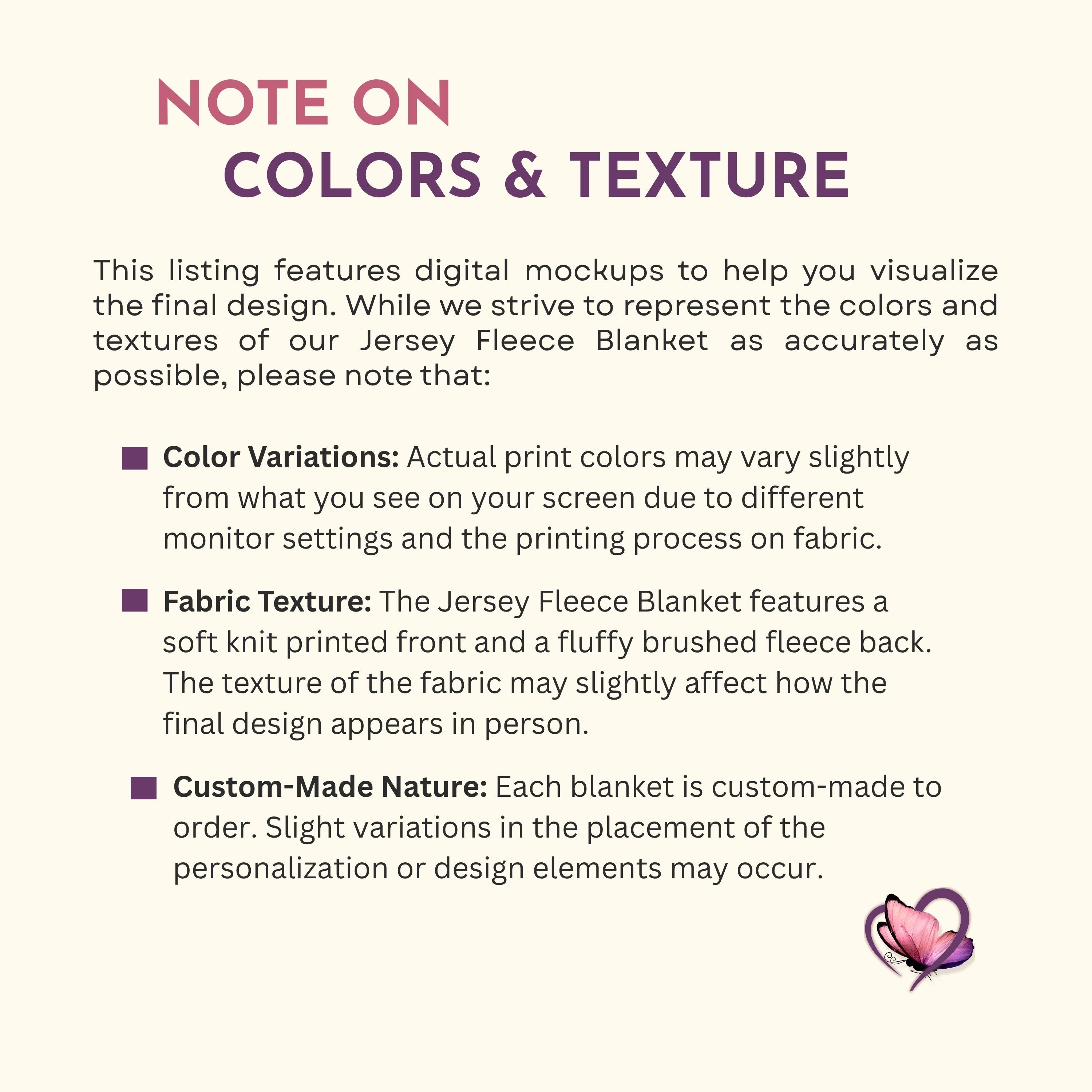 Color and texture note for a jersey fleece blanket explaining possible screen color differences, soft fabric texture, and custom-made placement variations.