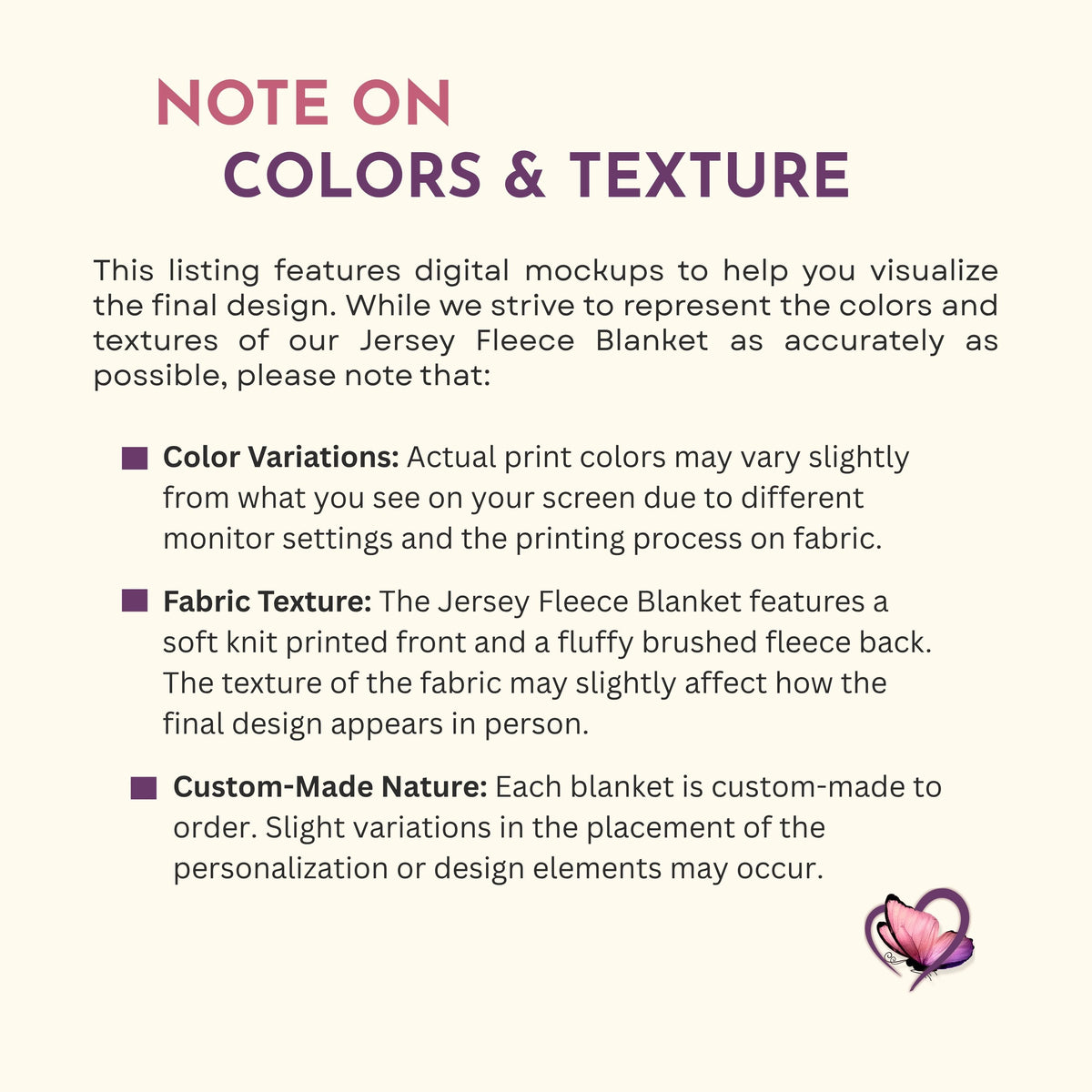 Color and texture note for a jersey fleece blanket explaining possible screen color differences, soft fabric texture, and custom-made placement variations.