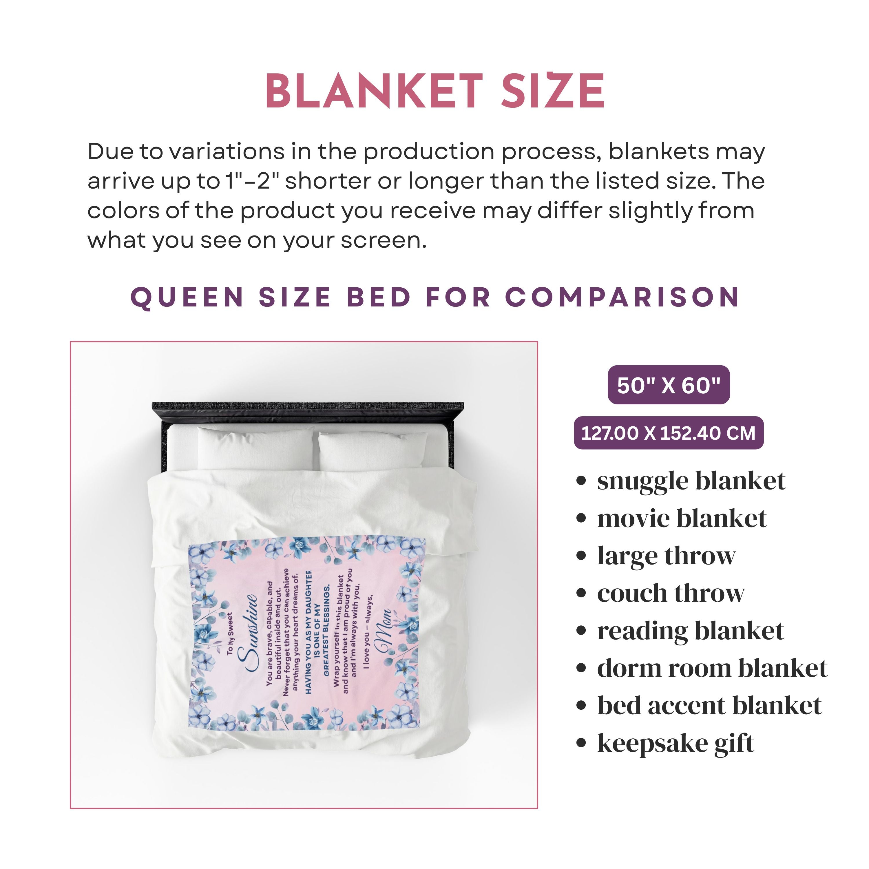 Size guide for a 50 by 60 jersey fleece throw blanket shown on a queen bed for scale.