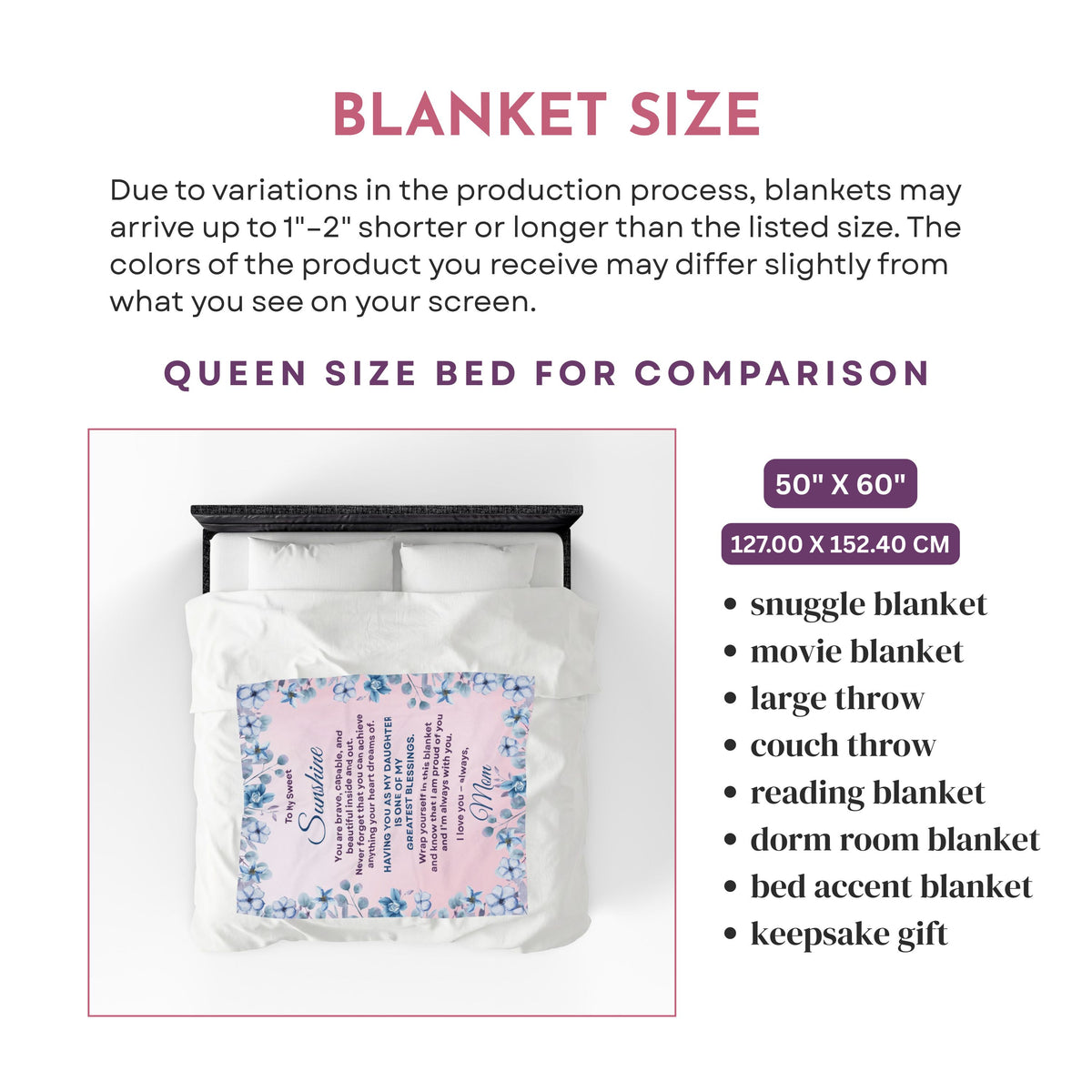 Size guide for a 50 by 60 jersey fleece throw blanket shown on a queen bed for scale.