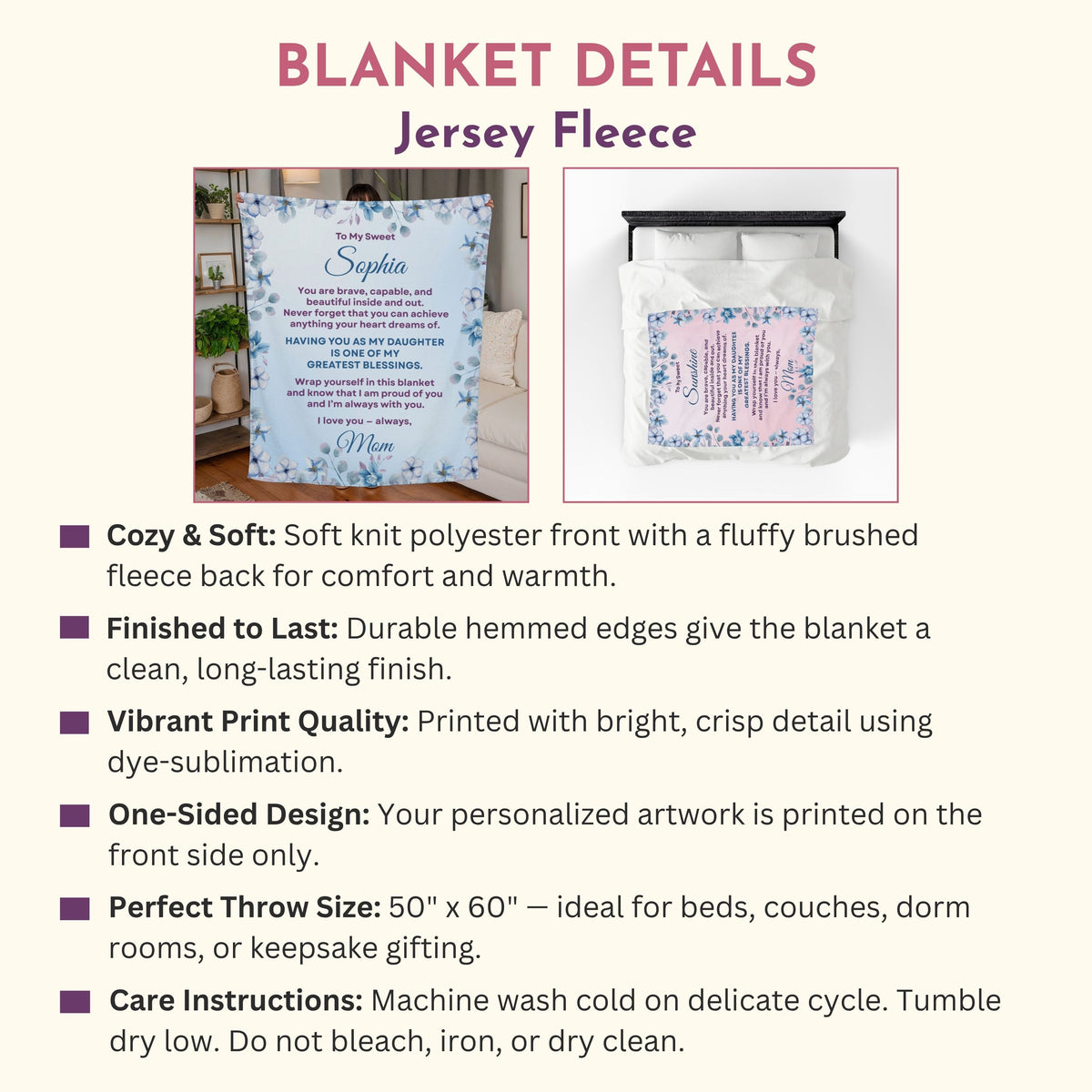 Product details image for a personalized daughter jersey fleece throw blanket, showing front design view, bed mockup, and key features including soft fleece, hemmed edges, one-sided print, 50x60 size, and care instructions.