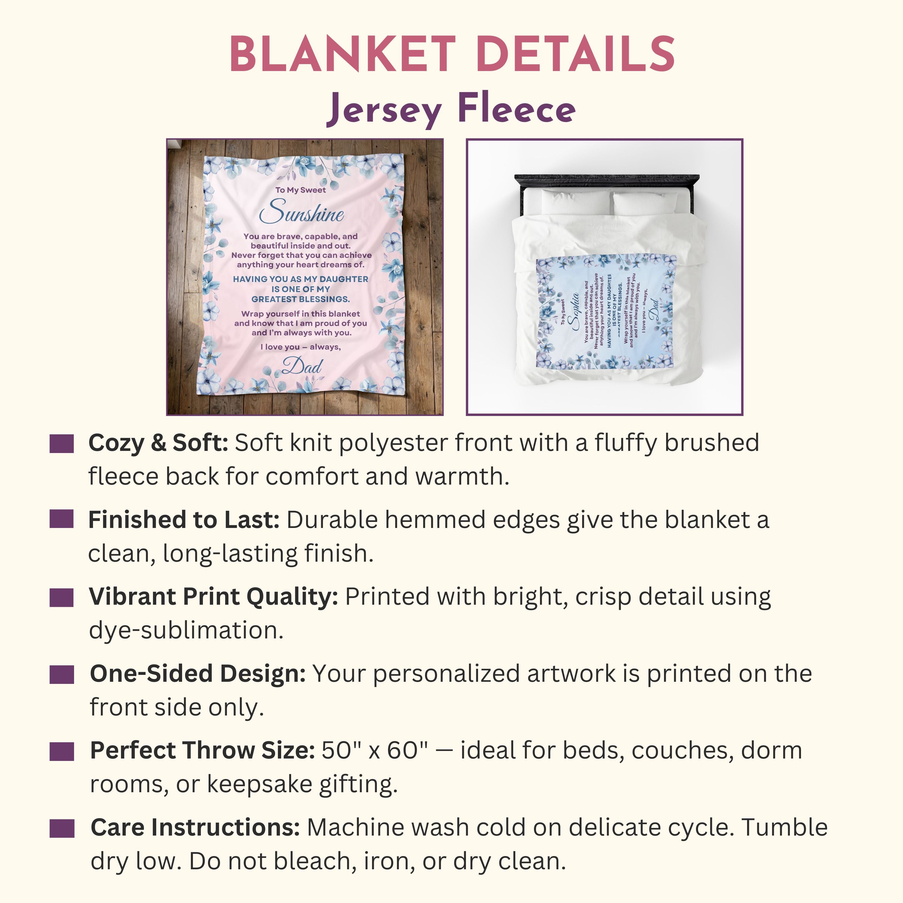 Jersey fleece blanket details showing 50 by 60 throw size, soft white reverse side, and care instructions. 