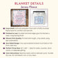 Jersey fleece blanket details showing 50 by 60 throw size, soft white reverse side, and care instructions. 