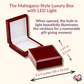 Mahogany-style luxury necklace gift box with built-in LED light and dimensions shown.