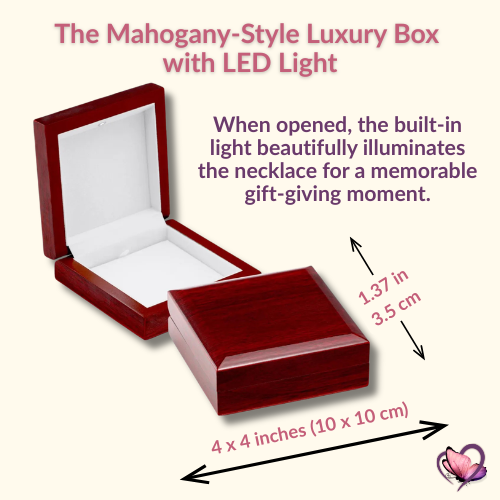 Mahogany-style luxury necklace gift box with built-in LED light and dimensions shown.