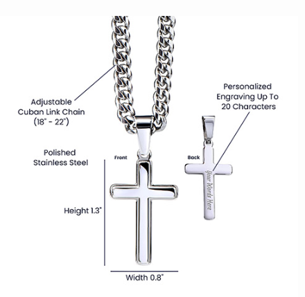 Personalized cross necklace for Dad showing adjustable Cuban chain, polished stainless steel pendant, and engraving option.