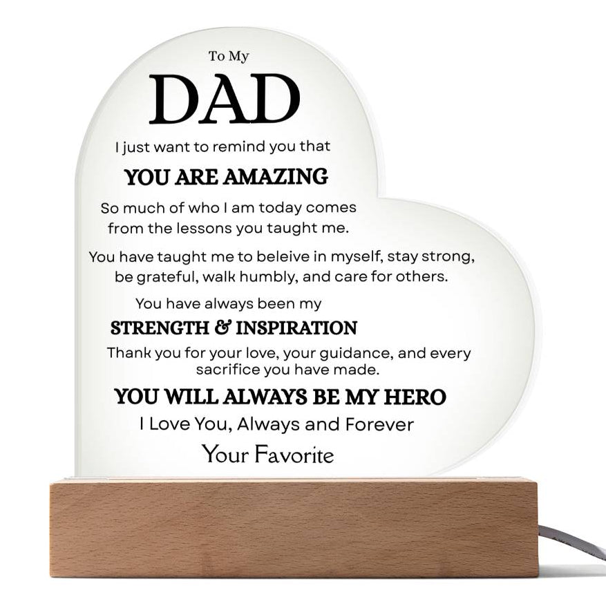 Personalized Dad acrylic plaque with heartfelt message and wooden LED base