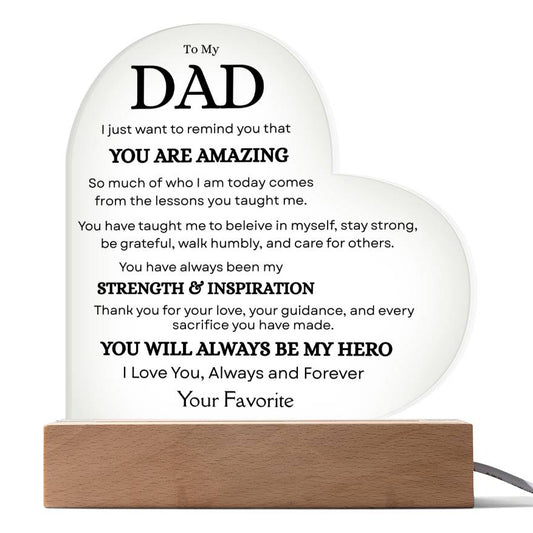 Personalized Dad acrylic plaque with heartfelt message and wooden LED base