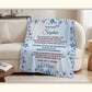 Personalized daughter blanket from Mom draped over a living room couch, featuring a cornflower blue floral design and heartfelt message for Sophia.