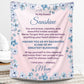  Personalized daughter blanket from Mom in Dusty Rose with a blue floral design, shown hanging in a cozy room setting. 