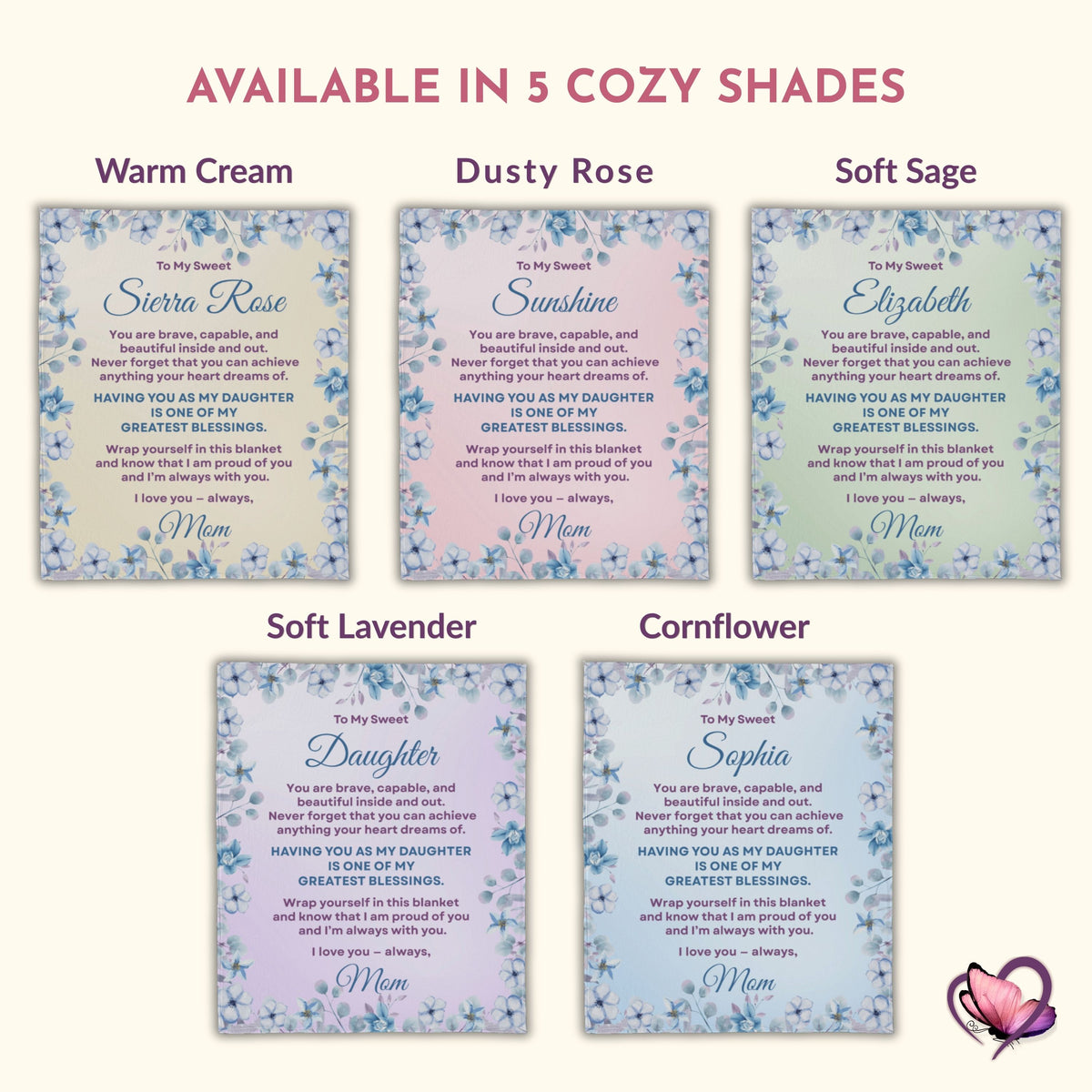 Personalized daughter blanket from Mom shown in five cozy color options: Warm Cream, Dusty Rose, Soft Sage, Soft Lavender, and Cornflower.