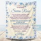 Personalized daughter blanket from Mom in Warm Cream with a blue floral design, shown hanging in a cozy room setting.