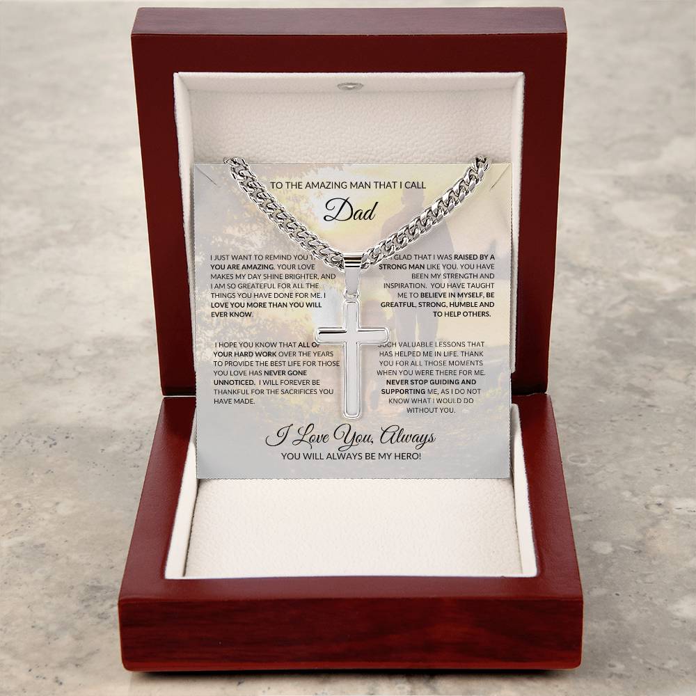 Personalized Father’s Day cross necklace for Dad displayed in a mahogany-style luxury box with message card.