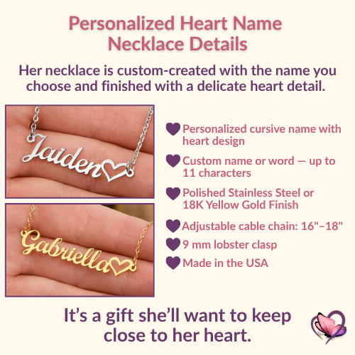  Personalized heart name necklace details showing silver and gold finishes, adjustable chain, lobster clasp, and custom name design.  