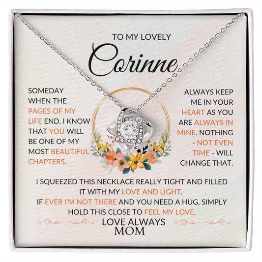 Personalized Love Knot necklace inside custom message card gift box for daughter or granddaughter.