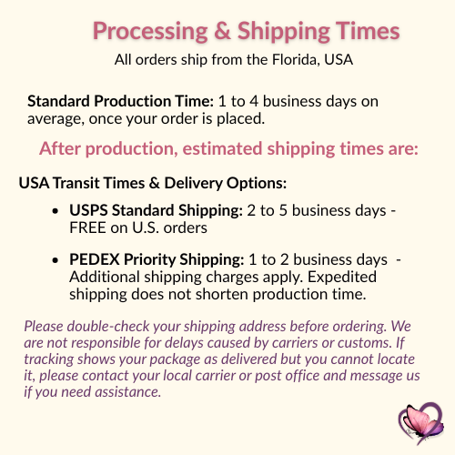 Processing and shipping information for personalized name necklace orders including production time and U.S. delivery options.