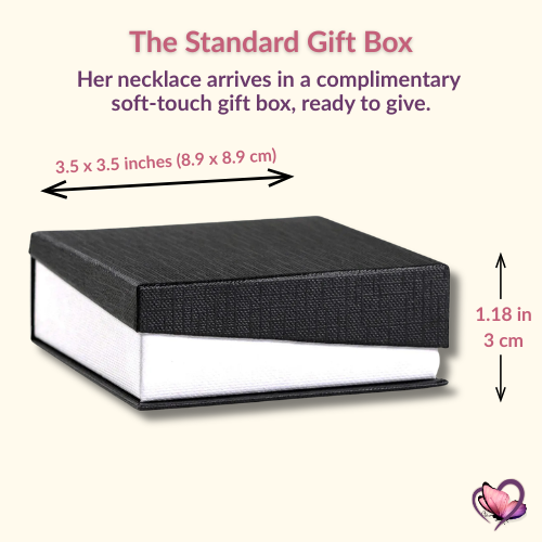 Complimentary black soft-touch standard gift box for the personalized name necklace with box dimensions shown.