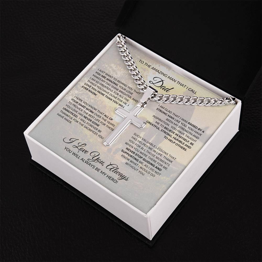 Sentimental Dad cross necklace displayed in a standard gift box with heartfelt message card.