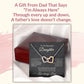Promotional graphic with the heading A Gift From Dad That Says I'm Always Here, featuring an open luxury gift box with the interlocking hearts necklace and message card.