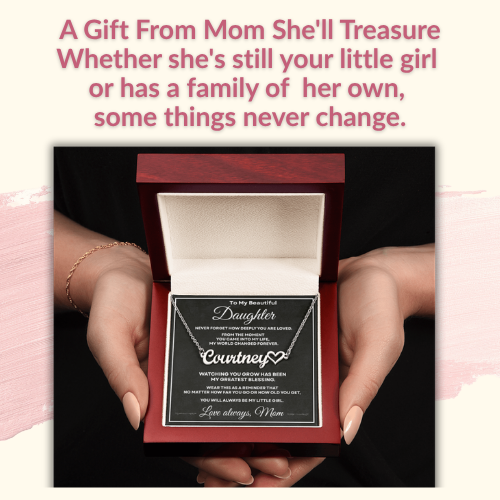 Sentimental personalized necklace gift for daughter from Mom shown with message about always being Mom's little girl.