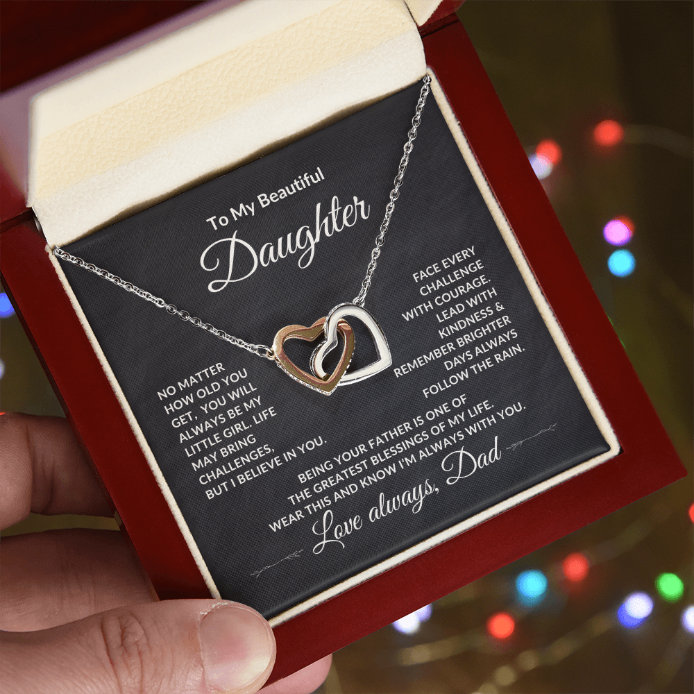 Close-up of the Interlocking Hearts Necklace for Daughter from Dad.