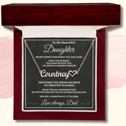 Polished stainless steel personalized daughter name necklace displayed with sentimental message card from Dad.