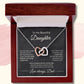 Silver and rose gold interlocking hearts necklace displayed inside a luxury mahogany-style LED gift box with a message card from Dad.