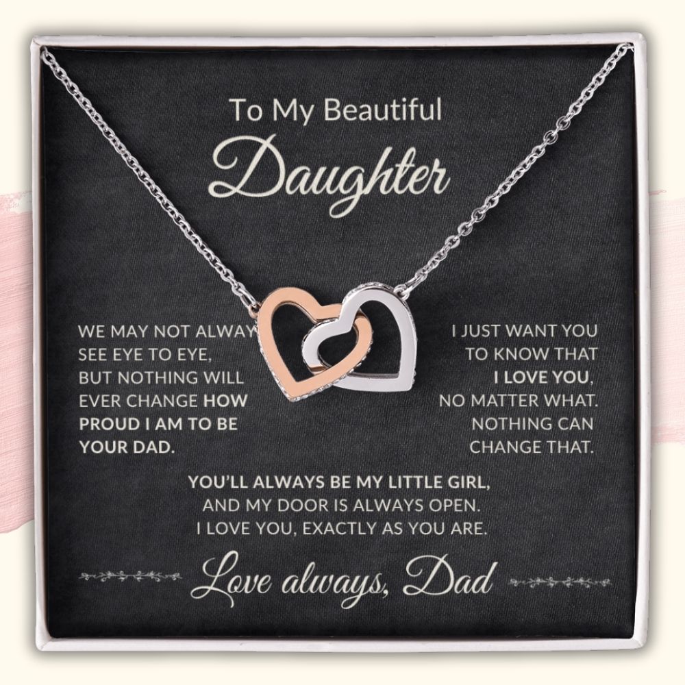 Interlocking Hearts Necklace for Daughter from Dad in a luxury gift box with a heartfelt message card reading To My Beautiful Daughter.