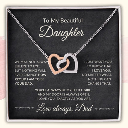 Interlocking Hearts Necklace for Daughter from Dad in a luxury gift box with a heartfelt message card reading To My Beautiful Daughter.