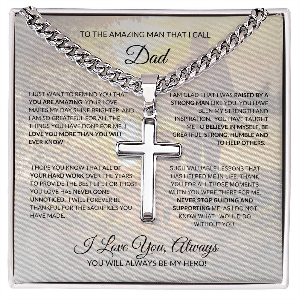 To My Amazing Dad cross necklace with Cuban chain displayed over a heartfelt message card for Dad.