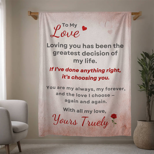 To My Love personalized mink fleece blanket romantic gift for her hanging on living room wall