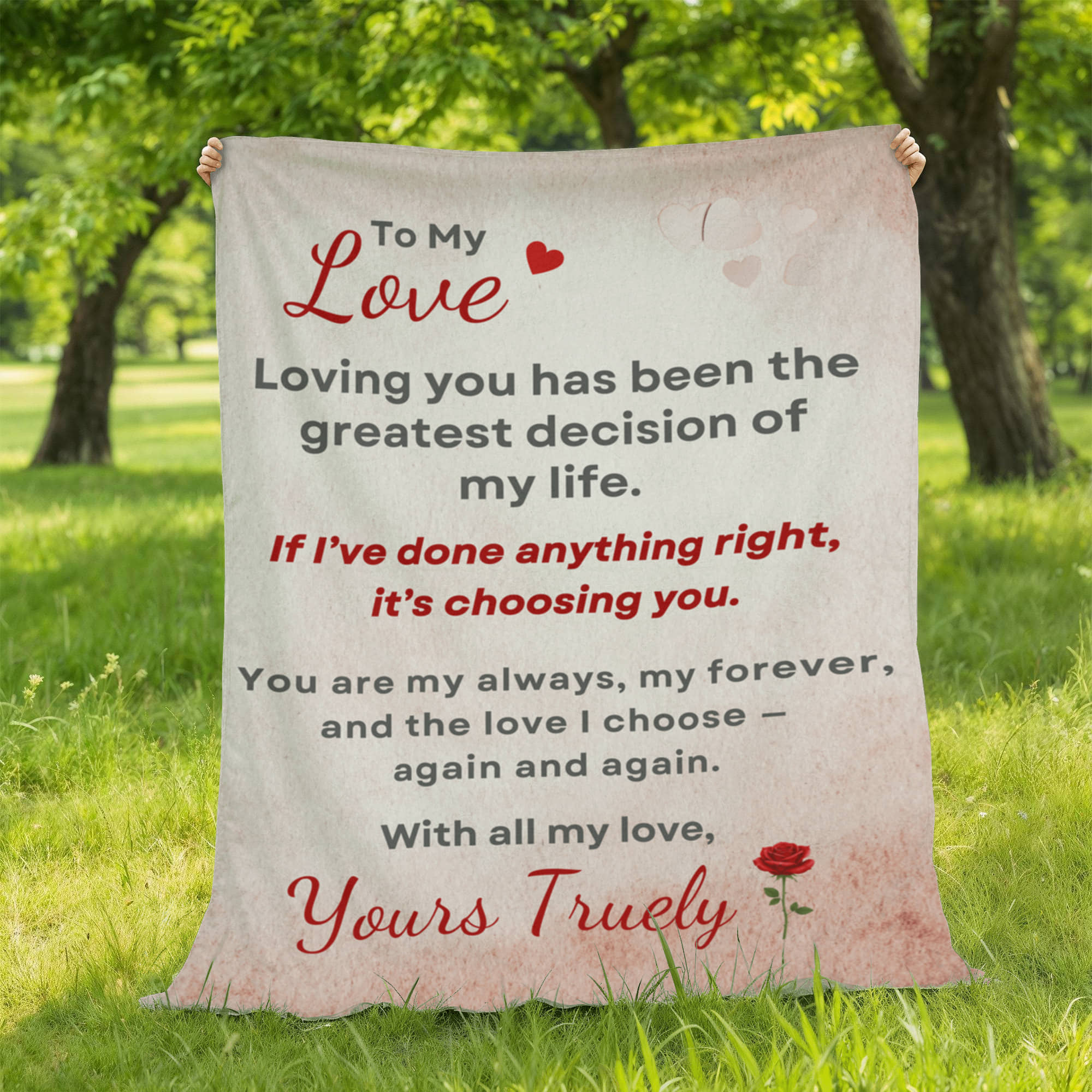 Close up of To My Love personalized mink fleece blanket with heartfelt message and rose