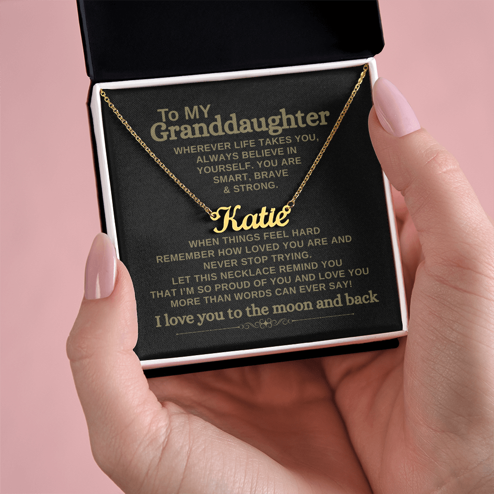 Granddaughter gold personalized name necklace displayed with heartfelt message card